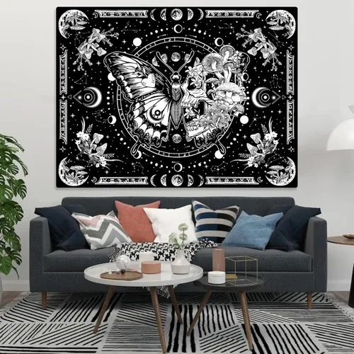 Vista 6 de Fungarth Tapiz de Esqueleto y Mariposa Blanco y Negro Calavera Hongos Plantas Tapices Hippie Estético Tapiz Colgante de Pared para Dormitorio Sala