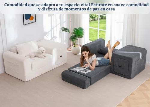 Vista 9 de MAXYOYO Sofá plegable, sofá convertible con reposabrazos, sofá multifuncional con almohada y bolsillos, sofá deshuesado para sala de estar