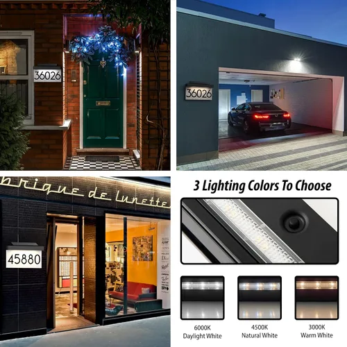 Vista 2 de Números de casa, placas de dirección, 3 colores de iluminación y panel solar ajustable, número de casa personalizado para exteriores, letrero