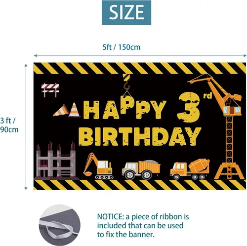 Vista 2 de Joyiou Cartel de fondo de decoración de feliz tercer cumpleaños con tema de construcción para niños y niños, tres años de edad, camión volquete