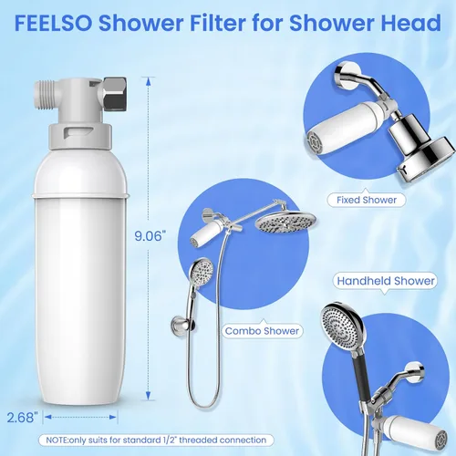 Vista 2 de FEELSO Filtro de ducha, cabezal de ducha universal de alto rendimiento mejorado para agua dura, elimina cloro, fluoruro, metales pesados