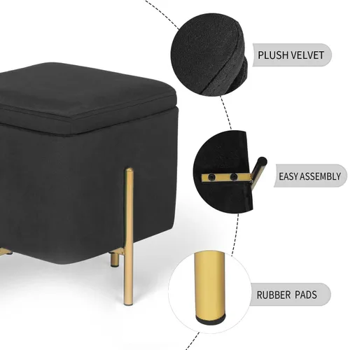 Vista 6 de Adeco Otomanas cuadradas tapizadas de almacenamiento, otomanas modernas de terciopelo negro con almacenamiento para sofá