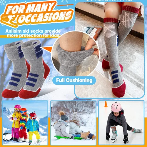 Vista 6 de Anlisim Calcetines de esquí de lana merino para niños, 3 pares de calcetines térmicos de invierno cálidos y gruesos transpirables para esquí
