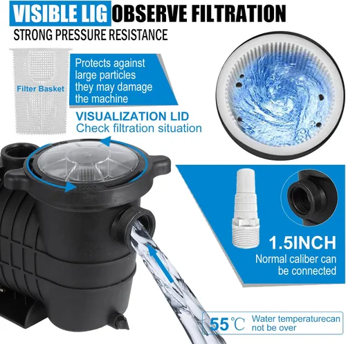 Vista 5 de TOPDEEP Bomba de piscina de 1.5 HP para enterrar, bomba de piscina autorecortable sobre el suelo, bombas de piscina de una sola velocidad de doble