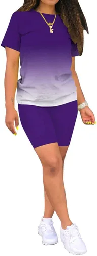 Vista 3 de PINSV Conjunto de 2 piezas, ajustado, con pantalón corto, de verano, para entrenamiento, para mujer