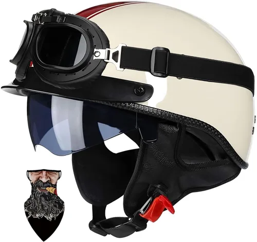 Vista 16 de Casco Moto Retro Vintage Jet Medio para Hombre y Mujer Adultos, DOT Homologado, Ventilación Dual, Visera Retráctil y Desmontable, Apto para Patinete