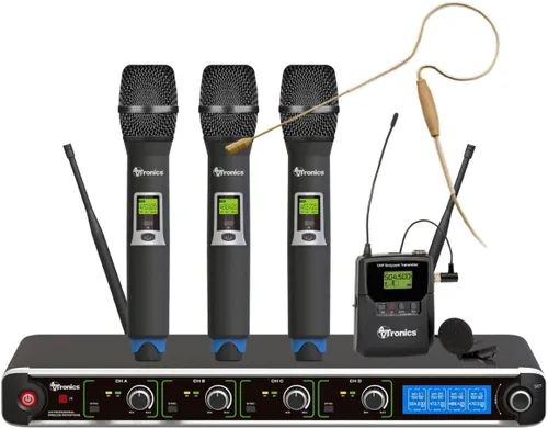 Vista 7 de Sistema de micrófono inalámbrico profesional, 200 canales UHF 3 de mano y 1 cinturón y lavalier, sistema de micrófono para habla, canto, eventos