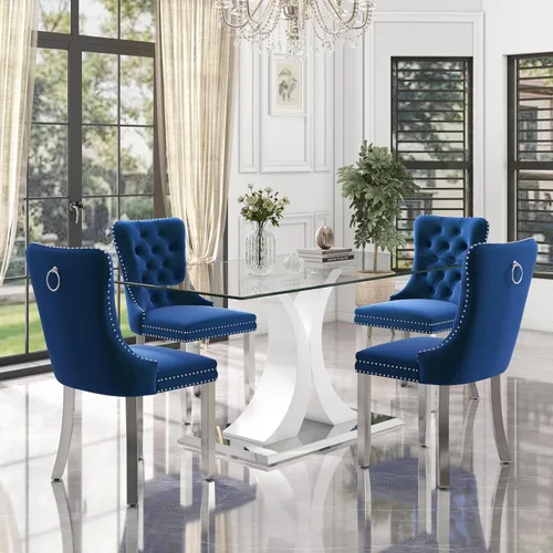 Vista 32 de Juego de comedor moderno de vidrio de lujo de 5 piezas, juego de cena rectangular minimalista grande para 4, juego de mesa de cocina de vidrio