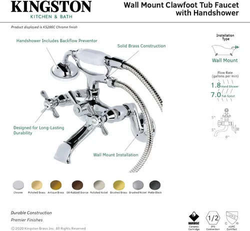 Vista 2 de Kingston Brass KS286ORB Essex - Grifo de bañera con patas de garra de montaje en pared con ducha de mano, bronce aceitado