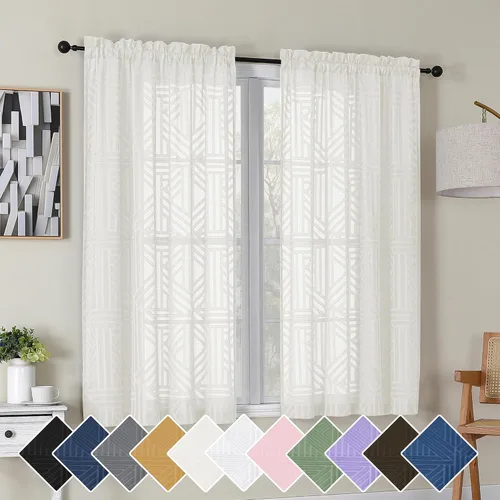 Vista 38 de Simplebrand Cortinas traslúcidas negras de cocina de 24 pulgadas de largo, 2 paneles, filtrado de luz, geométrico jacquard con textura, cortinas