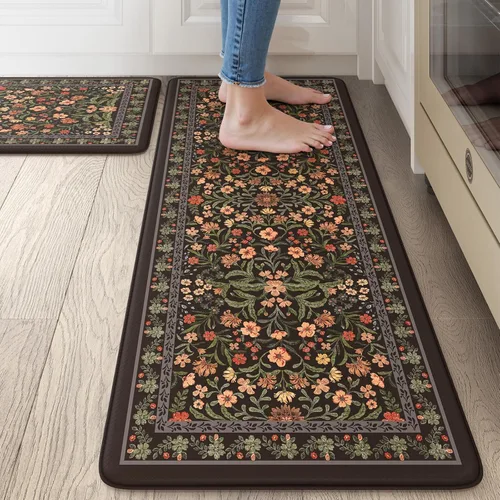 Vista 12 de Collive Tapete Anti Fatiga para Piso de Cocina, Tapetes de Cocina con Diseño Floral Primaveral para Piso Juego de 2, Alfombras para Fregadero Beige
