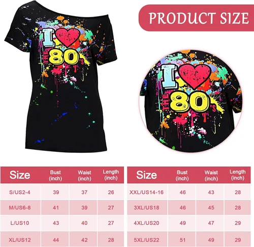 Vista 2 de Geyoga Disfraz de los años 80 para mujer, talla grande, ropa de gran tamaño, color neón de los años 80 con hombros descubiertos