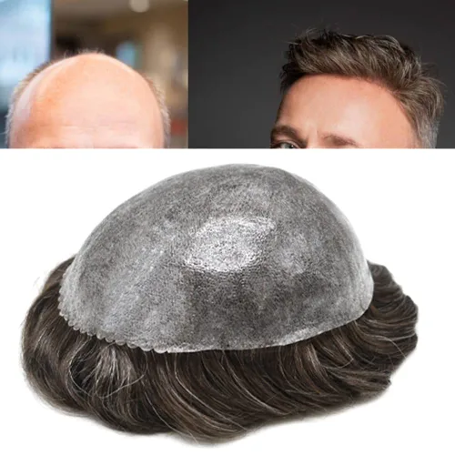 Vista 36 de Toupee para hombre 100% cabello humano real tupé para hombres 0.004 in piel de poliuretano para hombre, sistema de reemplazo de piezas de pelo