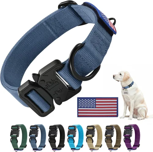 Vista 10 de Collar Táctico de Servicio Pesado para Perro Ajustable de Nailon para Mascotas Hebilla de Liberación Rápida con 2 Anillos en D con Parche para Negro