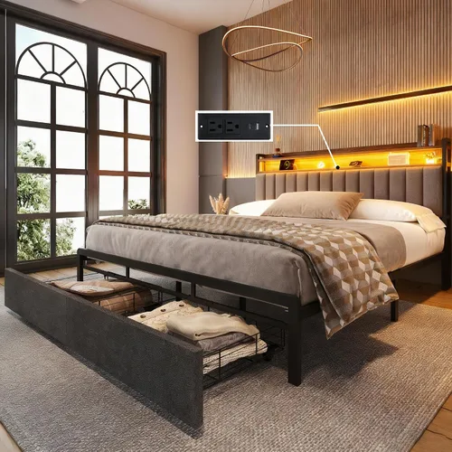 Vista 10 de Ailisite Marco de cama tamaño completo con cabecera y cajones de almacenamiento, marco de cama de plataforma tapizado negro con puerto de carga