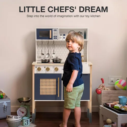 Vista 2 de ROBOTIME Cocina de Madera para Jugar, Juego de Cocina para Niños y Pequeñitos, Cocina de Juego para Niños con Luces y Sonidos, Cocina de Juguete Azul