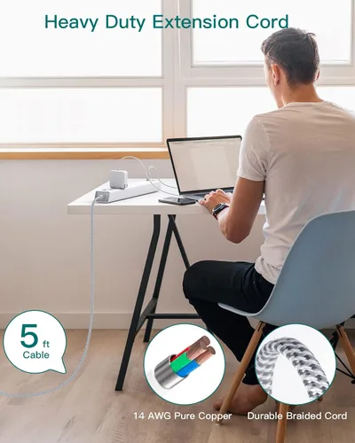 Vista 7 de Regleta protectora contra sobretensiones con USB C, cable de extensión de enchufe plano con 6 salidas de CA, 4 USB (2 USB C), montaje en pared, 5