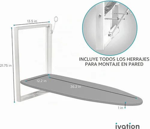 Vista 3 de Ivation Tabla de planchar montada en la pared Estación de planchado plegable de 36.2 x 12.2 pulgadas resistente para el hogar y apartamentos