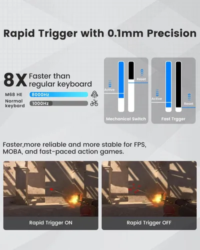 Vista 5 de M68HE Pro - Teclado mecánico para juegos con efecto Hall del 65%, interruptores magnéticos intercambiables en caliente, disparador rápido