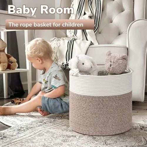 Vista 2 de Goodpick - Cesta tejida de yute para mantas, organización de ropa, cuerda de algodón, 40L Soft Blanket & Laundry Basket with Handles, Baby Toy