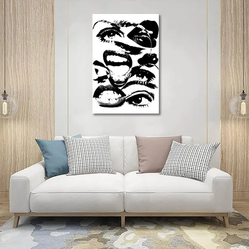 Vista 4 de Arte de pared retro hipster – Arte extraño en blanco y negro de los años 70 con ojos femeninos y labios – Impresión abstracta preppy – Decoración