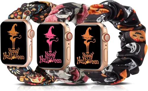 Vista 12 de TOYOUTHS - 3 paquetes compatibles con Apple Watch Band Scrunchies 1.496 in (38 mm) tela suave patrón impreso pulsera de tela para mujer iWatch