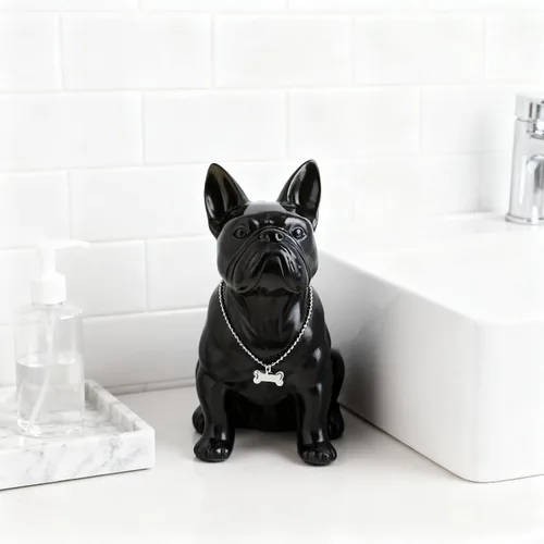 Vista 4 de Estatua negra de bulldog francés, estatua de pug sentado de resina, escultura de bulldog inglés para decoración del hogar, decoración de escritorio