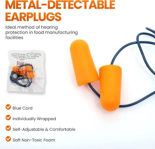 Vista 4 de Tapones para los oídos de espuma detectable de metal, 50 pares, NRR 32dB con cuerda detectable, cancelación de ruido, bloqueo de sonido