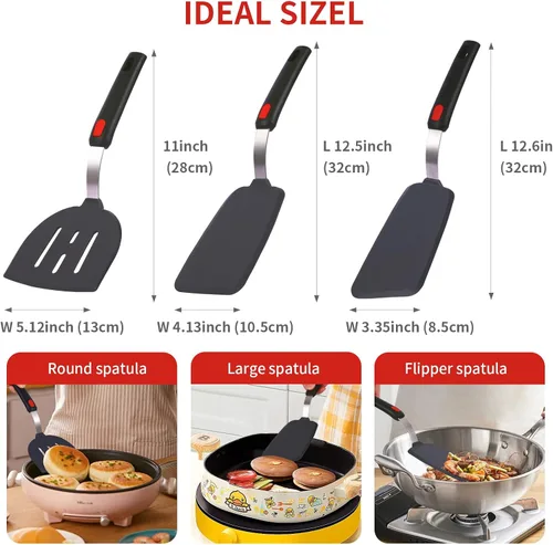 Vista 6 de Juego de espátulas de silicona grandes y delgadas, resistentes al calor, 600 ° F, utensilios de cocina flexibles ranurados para utensilios de cocina
