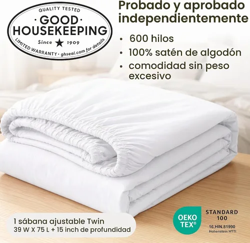 Vista 3 de California Design Den - Sábana bajera ajustable de algodón de 600 hilos, con bolsillo profundo elástico 01 - Blanco brillante