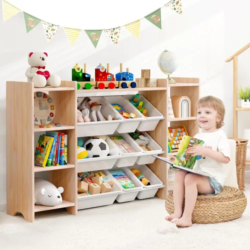Vista 2 de MallBest Estante organizador de almacenamiento de juguetes para niños de 4 niveles, 100% madera maciza, armario de almacenamiento extra ancho