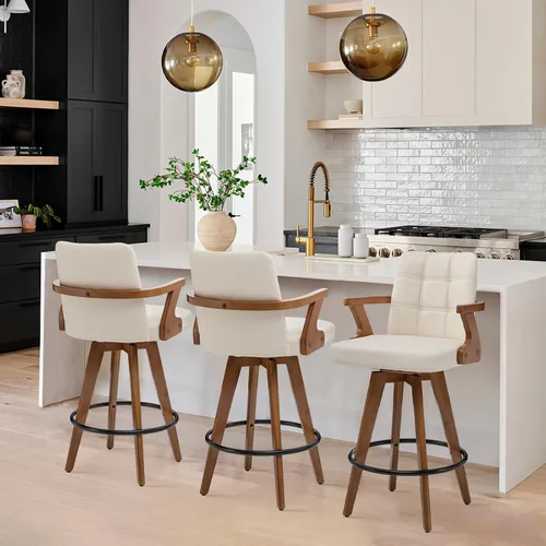 Vista 14 de MEKLIBA Taburetes de bar de 26” de altura de mostrador, Silla de bar tapizada en cuero, Taburetes giratorios con respaldo y brazos, Juego moderno