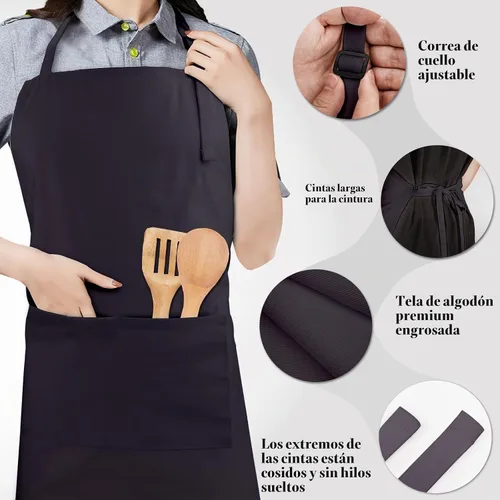 Vista 4 de Conjunto de delantal y sombrero de chef, sombrero de chef con cinta Negro