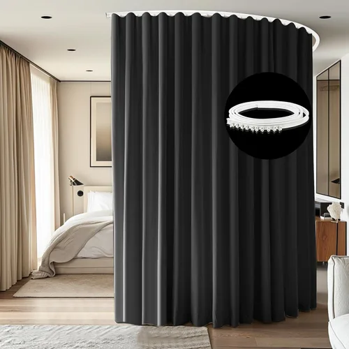 Vista 18 de Divisor de habitación con rieles para cortinas montadas en el techo, juego extra ancho de cortinas opacas con rieles flexibles para dormitorio