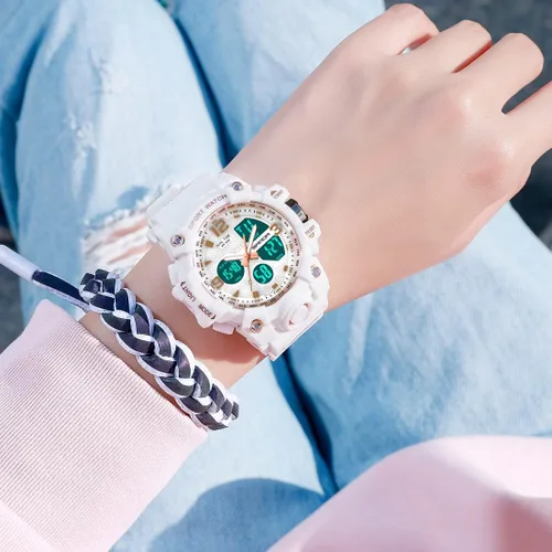 Vista 2 de WISHFAN Reloj deportivo digital para mujer, reloj de pulsera impermeable de doble pantalla con alarma y cronómetro, Digital