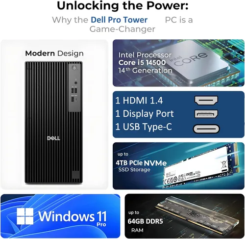 Vista 2 de Dell Pro Tower - Escritorio empresarial Intel Core i5-14500 vPro (14-Core/20T), 64 GB DDR5 RAM, 1 TB PCIe SSD, Intel UHD 770, Windows 11 Pro