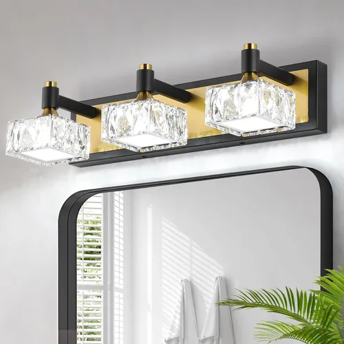 Vista 7 de Lámpara de baño de 3 luces sobre el espejo, luz LED regulable para tocador de baño con pantalla de cristal, lámpara de pared moderna negra y dorada