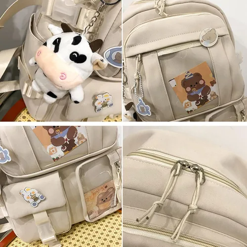 Vista 3 de Linda mochila con bonito oso de peluche accesorios de gran capacidad bolsas escolares estéticas para niñas y adolescentes beige a talla única Lindo