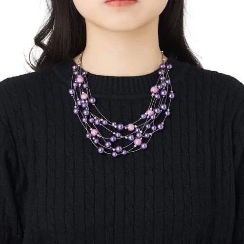 Vista 5 de Collar de perlas en capas de múltiples hebras, gargantilla de perlas para mujer, joyería de cuentas para bodas y fiestas