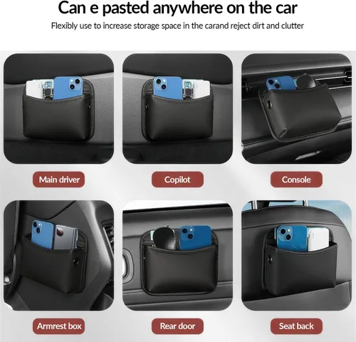 Vista 5 de SOOPII Paquete de 2 bolsillos de almacenamiento lateral para asiento de automóvil, organizador pequeño de cuero PU, bolsa organizadora lateral