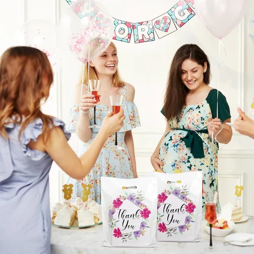 Vista 6 de POPGIFTU Bolsas de agradecimiento florales con asas, bolsa de plástico de 12 x 15 pulgadas, paquete de 100 – Boutique, regalo, recuerdo de fiesta