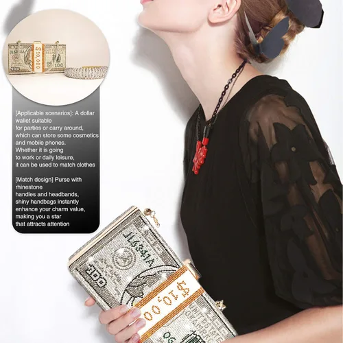 Vista 6 de Monedero con diamantes de imitación de dólar estadounidense, bolso de noche para bodas, cenas, monederos con diademas de cristal