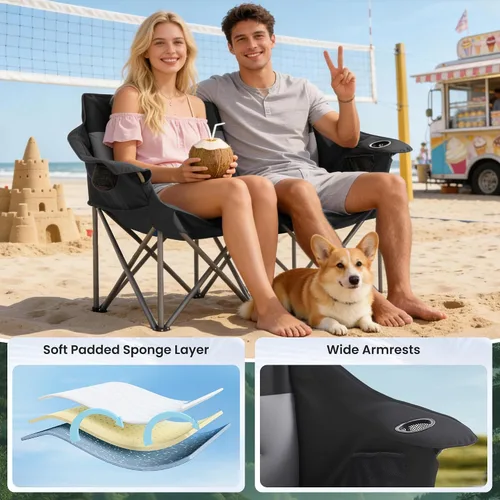 Vista 9 de Silla plegable doble de camping para 2 personas, resistente y de gran tamaño, soporta 800 libras con portavasos y bolsillo lateral para campamento