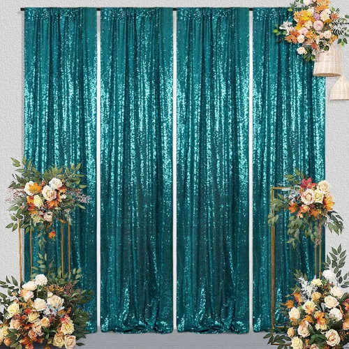 Vista 13 de Juya Delight 2 cortinas de fondo de lentejuelas brillantes de 2 x 8 pies, color azul bebé, telón de fondo de fotos con purpurina azul para bodas