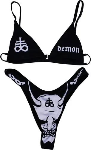 Vista 59 de AIBEARTY Traje de baño de dos piezas con estampado de calaveras para mujer, conjunto de bikini triangular de corte alto para fiesta, festival