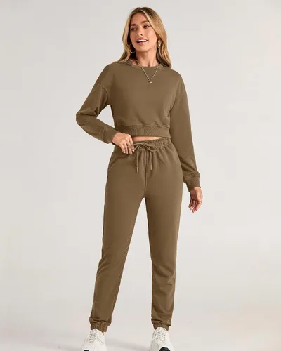 Vista 28 de BTFBM Conjunto deportivo de 2 piezas para mujer, camiseta corta de manga larga, sin botones, pantalón con cordón ajustable, pantalones deportivos