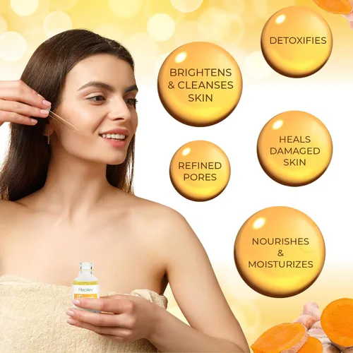 Vista 2 de Suero de cúrcuma para rostro y cuerpo – Suero iluminador de piel natural para manchas – Reparación facial de cúrcuma limpia la piel, combate el acné