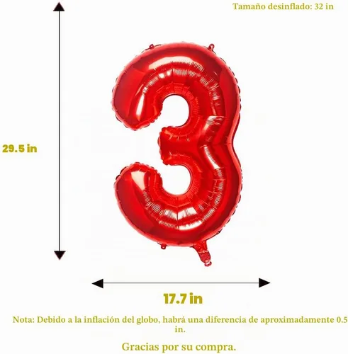 Vista 4 de Globos rojos de 32 pulgadas con el número 3 de aluminio, suministros de decoración de fiesta de cumpleaños (globo rojo del número 3)