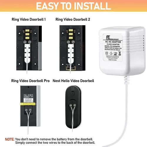 Vista 4 de Transformador de Timbre 24V Adaptador para Ring Video Doorbell, Fuente de Alimentación Cable C de 16.4 pies de Largo, Compatible con Ring, Nest
