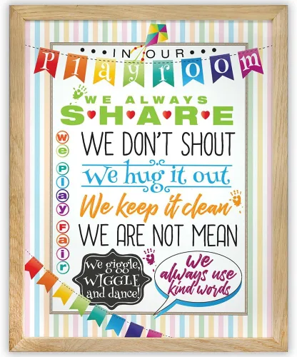 Vista 4 de In Our Playroom Rules Wall Art 11x14 Framed Poster Ready to Hang Kids Behavior Chart Nursery Decor Classroom Rules Poster Sharing Kind Words Hug It